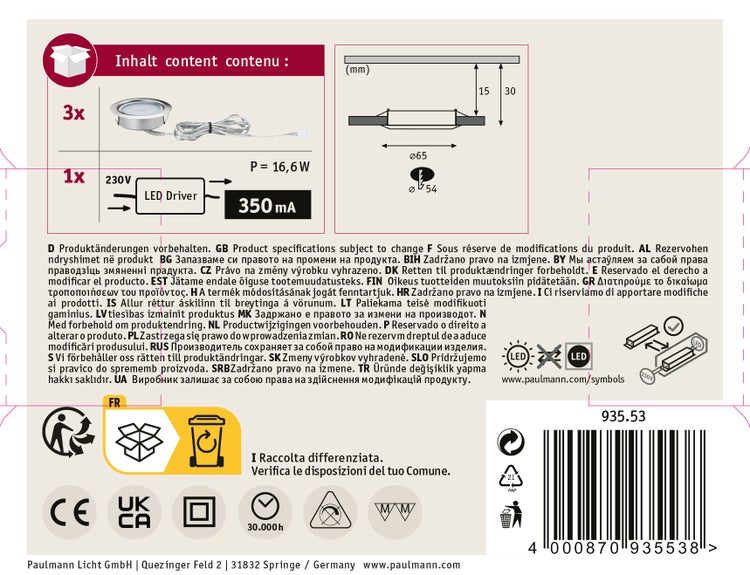 Verpackungsrückseite Paulmann LED Einbauleuchten Set mit technischen Daten, Maßskizzen und Entsorgungshinweisen.