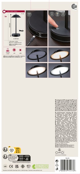 Paulmann LED Akkuleuchte mit 300 Lumen, 330 mm Höhe, USB-C Ladeanschluss, dimmbar, vegane Lederoptik, warmweißes Licht.