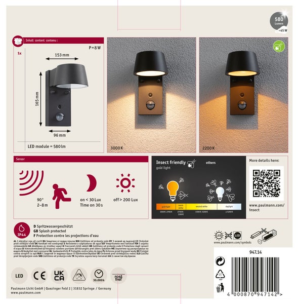 Paulmann LED Wandleuchte mit Bewegungsmelder für den Außenbereich, spritzwassergeschützt, insektenfreundliches Licht, 580 Lumen, 8 Watt.