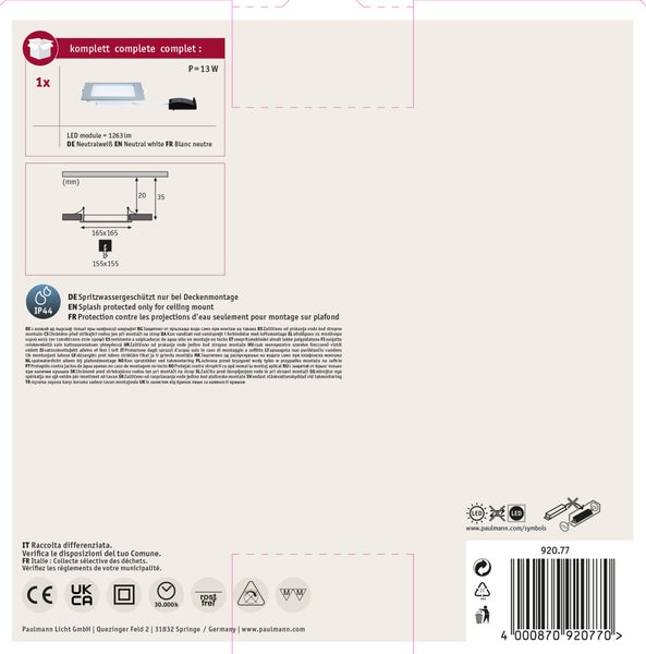 Paulmann LED Einbauleuchte Veluna VariFit Edge quadratisch, 6 Watt, 750 Lumen, neutralweißes Licht, IP44 Spritzwasserschutz, inklusive Verpackung.