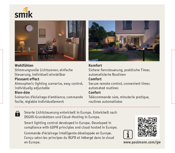 Infografik für Smik Smart Home Lichtsteuerung mit Anwendungsbeispielen für Innen und Außen, Datenschutzhinweisen und Paulmann Logo.