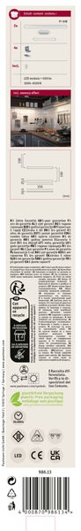 Produktverpackung mit Abbildung einer LED Leuchte, technischen Spezifikationen, Garantiedetails und Entsorgungshinweisen von Paulmann Licht.