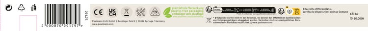 Paulmann Logo. Modernes Firmengebäude mit Blumenwiese. Text zu Lichtkompetenz seit 1978, Direktversand, Kundenservice und 100 Prozent Recycling.