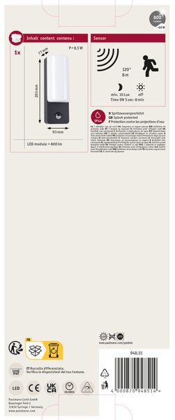 LED Außenwandleuchte Bonnie Dämmerungsgesteuerter Bewegungsmelder (IR) IP44 93x263 mm 3000K 8,5W 560lm 230V Anthrazit Aluminium