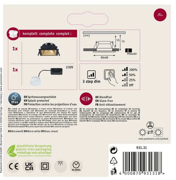 Einbaustrahler mit technischer Zeichnung, Dimmstufen, IP44 Spritzwasserschutz, Blendfrei-Symbol und Produktinformationen auf der Verpackung.
