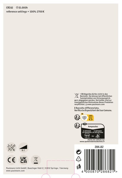 Technische Informationen und Entsorgungshinweise für Paulmann LED Leuchtmittel mit Barcode und Konformitätskennzeichnung.