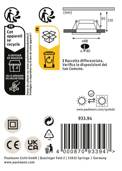 Paulmann Einbaustrahler Cole mit GU10 Fassung für 230 Volt inklusive Verpackungskarton mit technischen Zeichnungen und Produktinformationen.