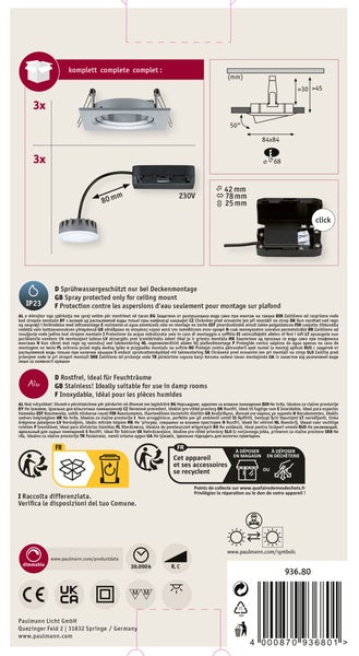 Einbaustrahler Set mit drei LED Einbauleuchten inklusive technischer Zeichnung, Montagehinweisen, IP23 Spritzwasserschutz und Dimmfunktion.