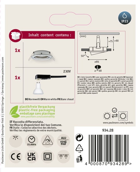 Paulmann Nova LED Einbaustrahler Set aus Eisen gebürstet mit GU10 Leuchtmittel und Anschlussbox.