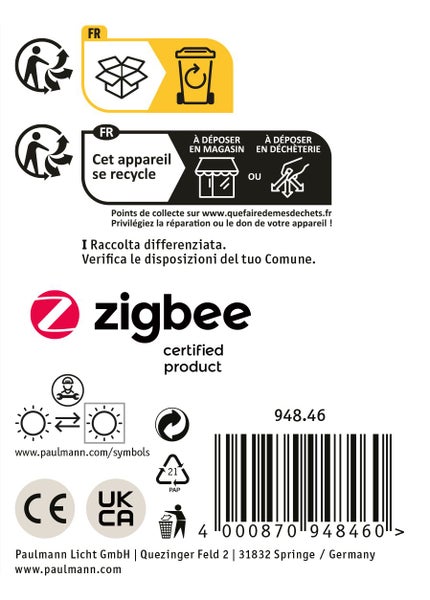 Informationen zur Entsorgung und Zertifizierung für Paulmann Leuchten inklusive Zigbee Zertifizierung und Konformitätszeichen.