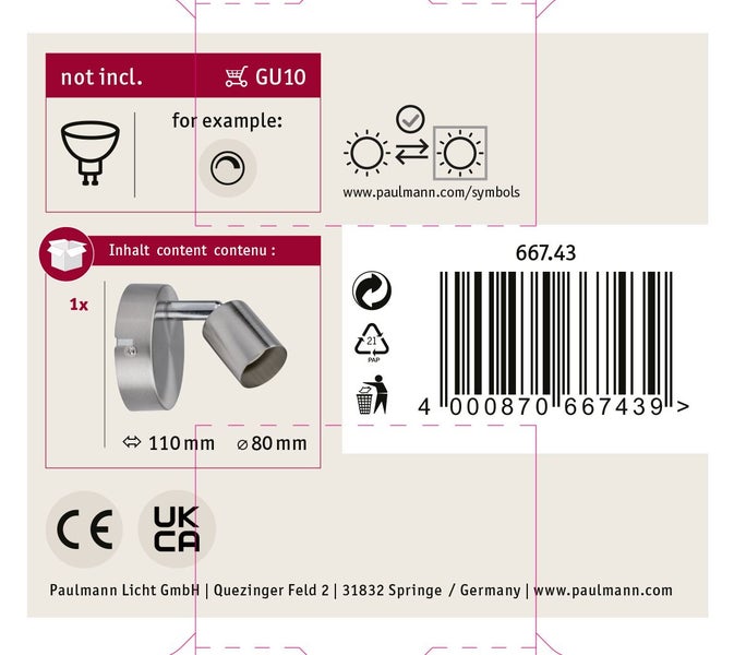 Produktverpackung eines Paulmann Strahlers mit GU10 Fassung, Darstellung des Lieferumfangs und technischer Daten inklusive Barcode.