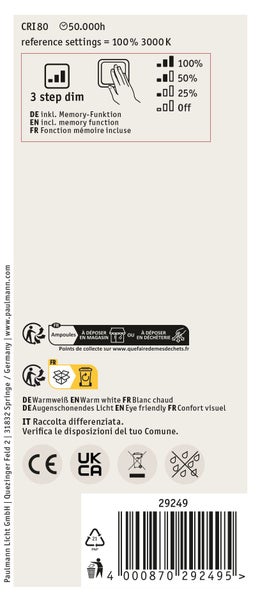 Produktverpackung mit technischen Daten zur Dimmbarkeit in drei Stufen, Memory Funktion, Farbtemperatur Warmweiß und Entsorgungshinweisen.