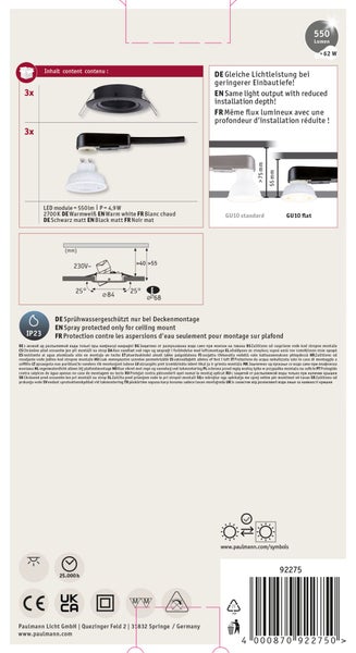 Paulmann Nova LED Einbaustrahler 3er-Set in Schwarz matt, 550 Lumen, warmweiß, inklusive Einzelkomponenten und Verpackung, Paulmann Logo.