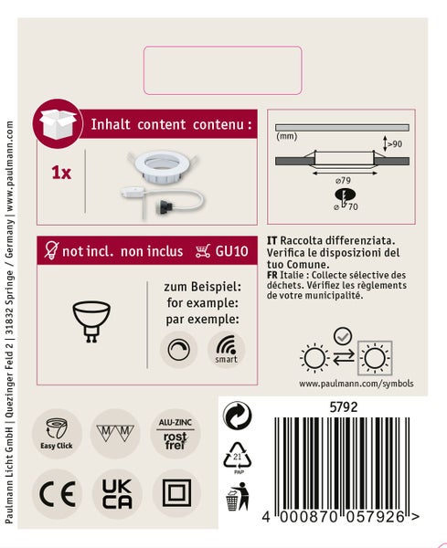 Einbaustrahler von Paulmann inklusive technischer Zeichnung und Montageskizze mit Montagehinweisen und Sicherheitszertifizierungen.