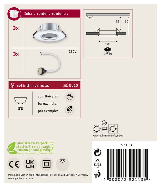 Einbauleuchte 3er-Set starr rund 90 mm GU10 max. 3x10W 230V dimmbar Chrom matt