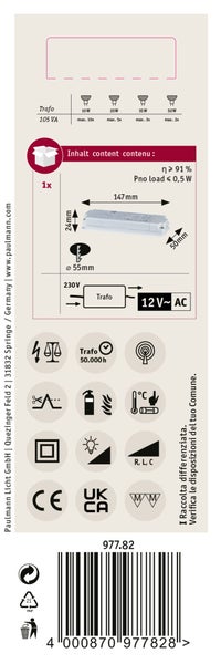 Paulmann elektronischer Trafo 105 VA für 230 Volt auf 12 Volt Wechselspannung inklusive technischer Spezifikationen und Montagehinweisen.