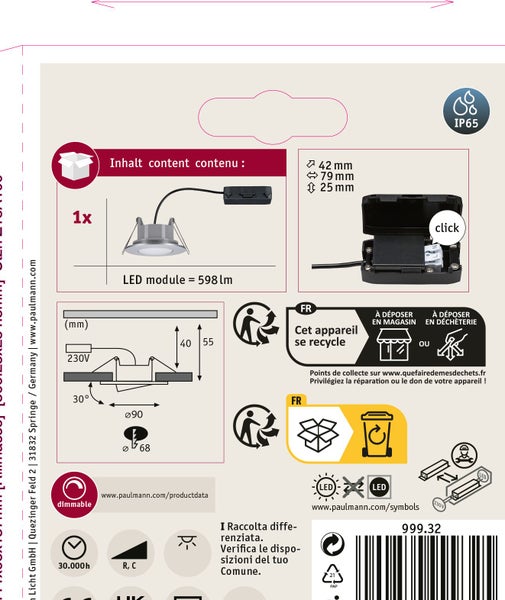 Produktverpackung eines dimmbaren Paulmann LED Einbauleuchten Moduls mit IP65 Schutzart, technischen Abmessungen und Installationshinweisen.