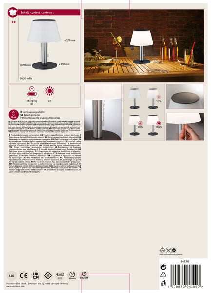 Paulmann LED Tischleuchte fuer den Aussenbereich mit Akku, dimmbar, spritzwassergeschuetzt nach IP44, hoehe 280 mm, durchmesser 200 mm.