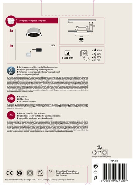 LED Einbauleuchte 3-Step-Dim Cole Coin 3er-Set IP44 rund 88 mm Coin 3x6W 3x470lm 230V dimmbar 2700K Weiß, Schwarz matt