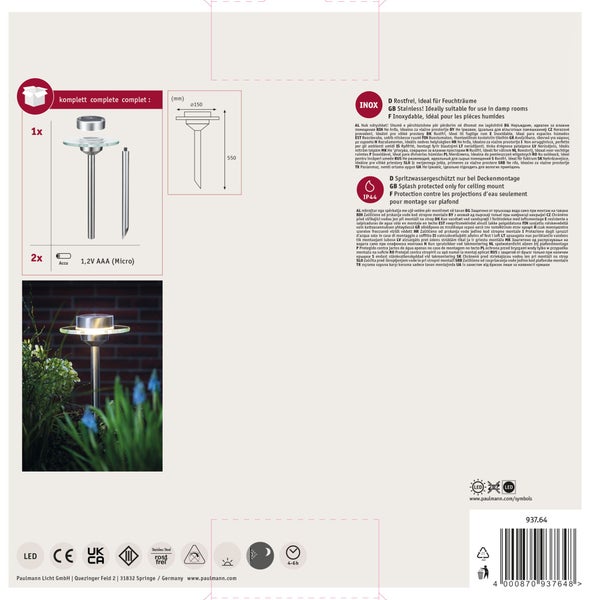 Produktverpackung einer LED Außenleuchte aus Edelstahl mit technischen Daten, Montagehinweisen und Maßangaben in Millimetern.