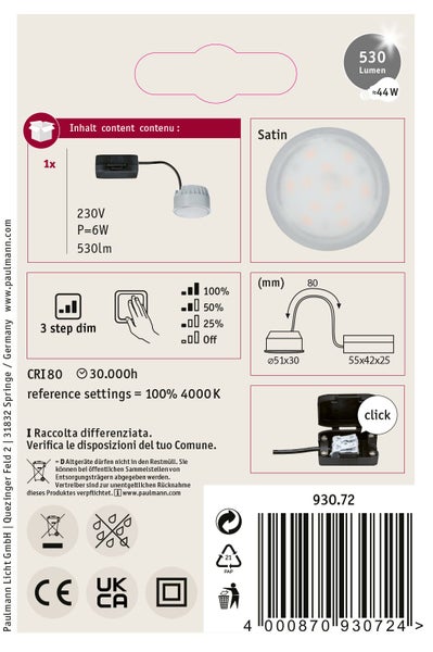 Produktverpackung Rueckseite LED Einbauleuchte 6 Watt 530 Lumen mit 3 Stufen Dimmfunktion und Installationshinweisen.