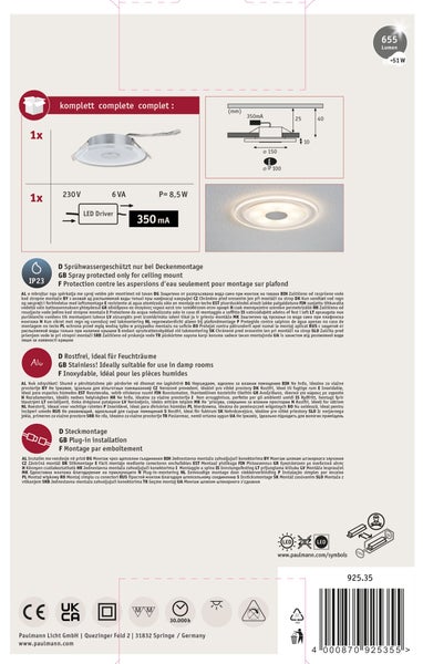 Technische Produktverpackung für eine Einbauleuchte mit technischen Daten, Montageanleitung, Schutzart IP23, Edelstahl und Steckmontage.