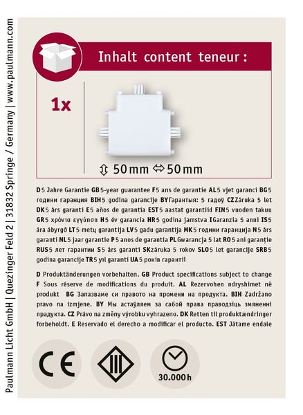 Produktverpackung mit einem quadratischen Verbindungselement inklusive technischer Daten und Garantieinformationen von Paulmann Licht.