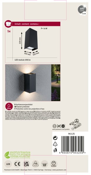 LED Außenwandleuchte mit 690 Lumen und Schutzart IP44 fuer den Aussenbereich inklusive Massangaben und Produktdetails.
