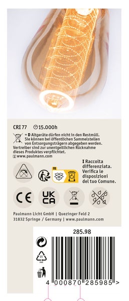 Paulmann LED Lampe mit Filament Optik, 15000 Stunden Lebensdauer, inklusive technischer Daten und Entsorgungshinweisen auf der Verpackung.