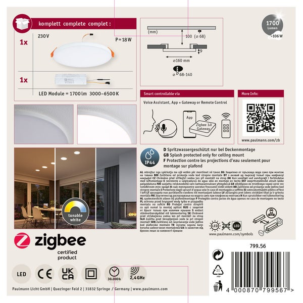 VariFit LED Einbaupanel Smart Home Zigbee 3.0 Veluna Edge IP44 rund 160 mm 15,5W 1000lm Tunable White Weiß dimmbar