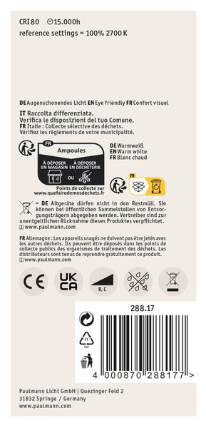 Informationen und Entsorgungshinweise zur Paulmann LED Lampe mit technischem Datenblatt und Barcode