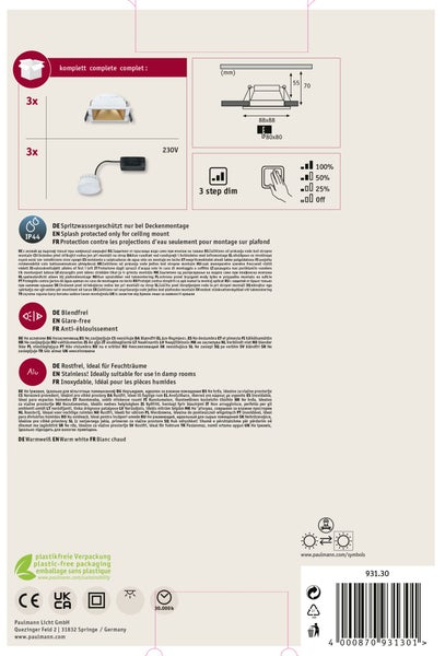 Paulmann LED Einbauleuchten Set Cole quadratisch in weiß und gold mit 3 mal 6 Watt und 470 Lumen sowie Schutzart IP44