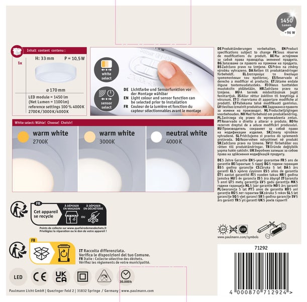 Paulmann LED Streifen 100 Zentimeter warmweiß mit technischem Datenblatt und Anwendungsbeispiel im Wohnzimmer.