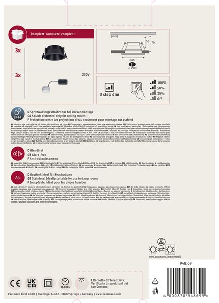 Produktverpackung mit technischen Daten und Symbolen für Paulmann LED Leuchte inklusive Maße, Schutzklasse IP44, Dimmfunktion und Materialangaben.