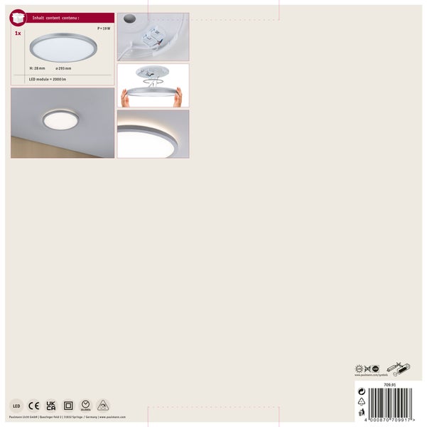 Rundes Paulmann Atria LED-Panel in Chrom matt mit 1800 Lumen und neutralweißem Licht inklusive Verpackung.