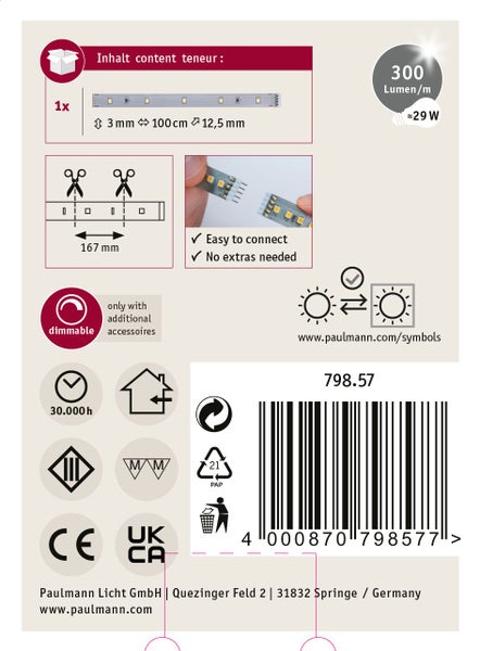 Paulmann LED Streifen 100 cm warmweiß dimmbar mit 550 Lumen pro Meter für Innenräume inklusive Montageinformationen und technischer Daten