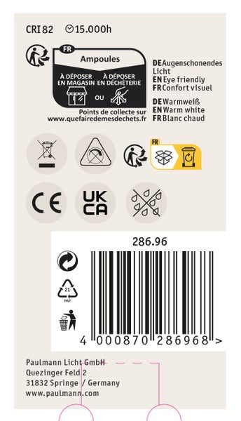 Informationen zur LED Lampe von Paulmann Licht mit technischen Daten, Entsorgungshinweisen, CE Kennzeichnung und Barcode.