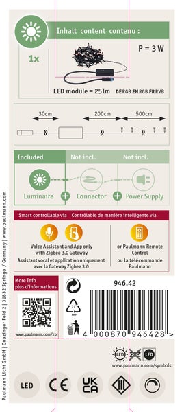 Technische Zeichnung der Paulmann LED Lichterkette mit Informationen zu Leistung, Lichtstrom, Abmessungen, Steuerung und Entsorgungshinweisen.