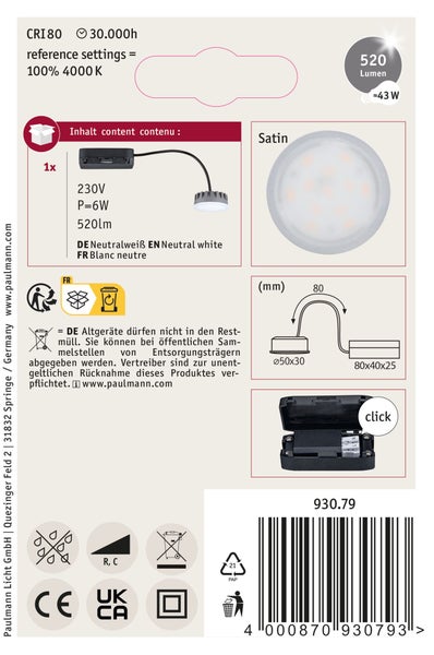 Produktverpackung Paulmann LED Einbauleuchte mit technischen Daten, Abmessungen und Entsorgungshinweisen.