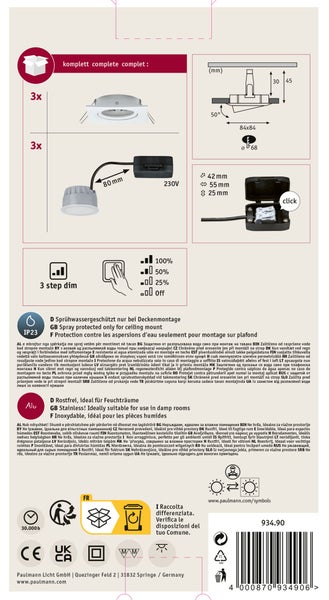 Einbaustrahler Set mit drei LED Leuchten, Schutzart IP23, geeignet für Feuchträume, mit Dreistufen Dimmfunktion, Edelstahl Material.