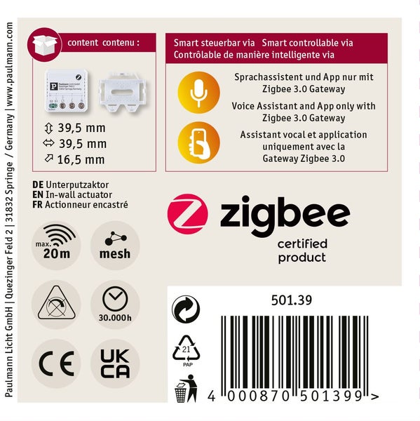 Paulmann Unterputzaktor Zigbee zur Smart Home Steuerung mit Abmessungen 39,5 mal 39,5 mal 16,5 Millimeter