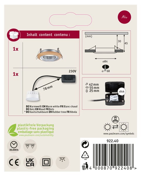 Produktverpackung eines Einbaustrahlers aus Aluminium und Kautschukbaum Holz mit technischen Zeichnungen, Maßangaben und Installationshinweisen.