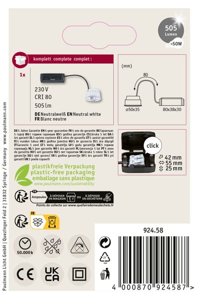Paulmann LED Einbaustrahler mit 505 Lumen neutralweißer Lichtfarbe und 230 Volt Anschluss inklusive technischer Maßangaben und Herstellergarantie.