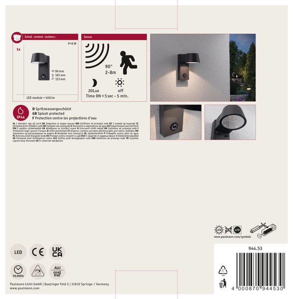 LED Außenwandleuchte Capea Dämmerungsgesteuerter Bewegungsmelder (IR) IP44 96x165 mm 3000K 6W 500lm 230V 98° Anthrazit Aluminium