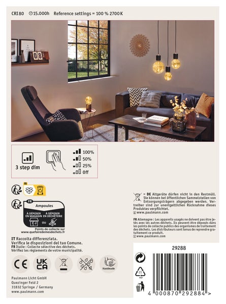 Wohnzimmer mit dekorativen LED Filament Leuchtmitteln und Pendelleuchten, inklusive Informationen zu 3 Stufen Dimmfunktion und Entsorgungshinweisen.