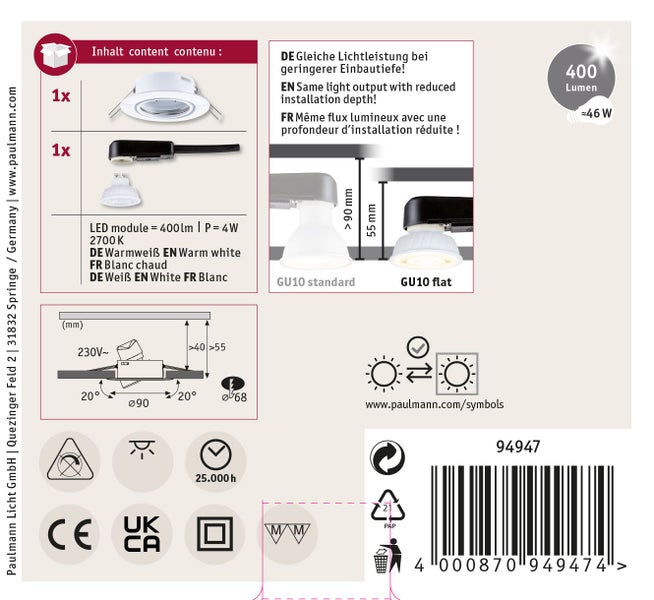 Technische Zeichnung und Lieferumfang für ein Paulmann Einbauleuchten Set mit LED Modul, 400 Lumen, 4 Watt und 2700 Kelvin.