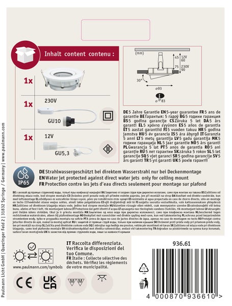 Produktverpackungshinweise für Einbaustrahler mit Montageanleitung und technischen Details sowie IP65 Schutzart für Deckenmontage.