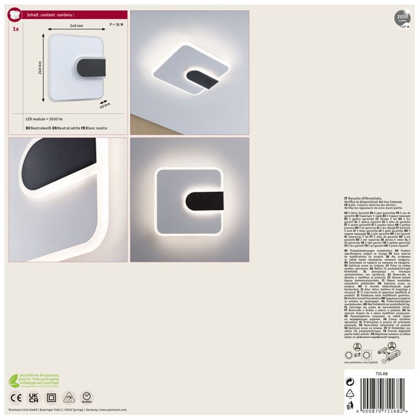 Quadratische Paulmann LED Wandleuchte in neutralweiß mit 18 Watt und 2030 Lumen inklusive Abmessungen und technischen Daten.