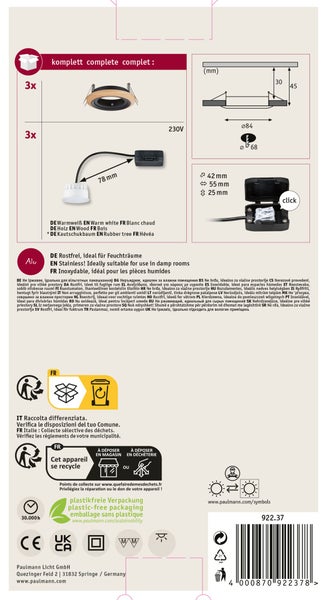 Produktverpackung mit drei LED Einbaustrahlern aus Aluminium, geeignet für Feuchträume, mit technischen Zeichnungen und Produktinformationen.