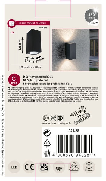Quadratische LED Außenwandleuchte mit 350 Lumen Leistung und Schutzart IP44 für den Außenbereich